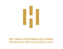 A logo on a brown background featuring the word "HERITAGE" in bold white capital letters. Below it, the text "GUTTERS & EXTERIOR SOLUTIONS" and "PROFESSIONAL SERVICE AND INSTALLATION" are written in a smaller font. Above the word "HERITAGE" are stylized golden bars forming an "H". Perfect for Roofing Buchanan County experts.