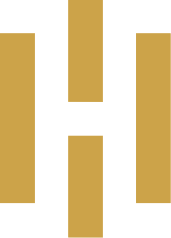 A symmetrical design featuring two large gold rectangles on the left and right, a centered vertical gold rectangle, and a smaller horizontal gold rectangle below it, all set against a solid green background. The shapes form an abstract geometric pattern reminiscent of roofing in Buchanan County.